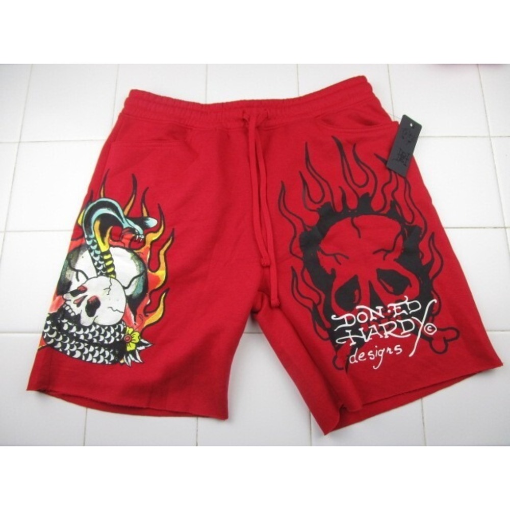 Ed Hardy Fire Skull And Dragon Tattoo Print Fleece Sweat Shorts Red Men's Medium